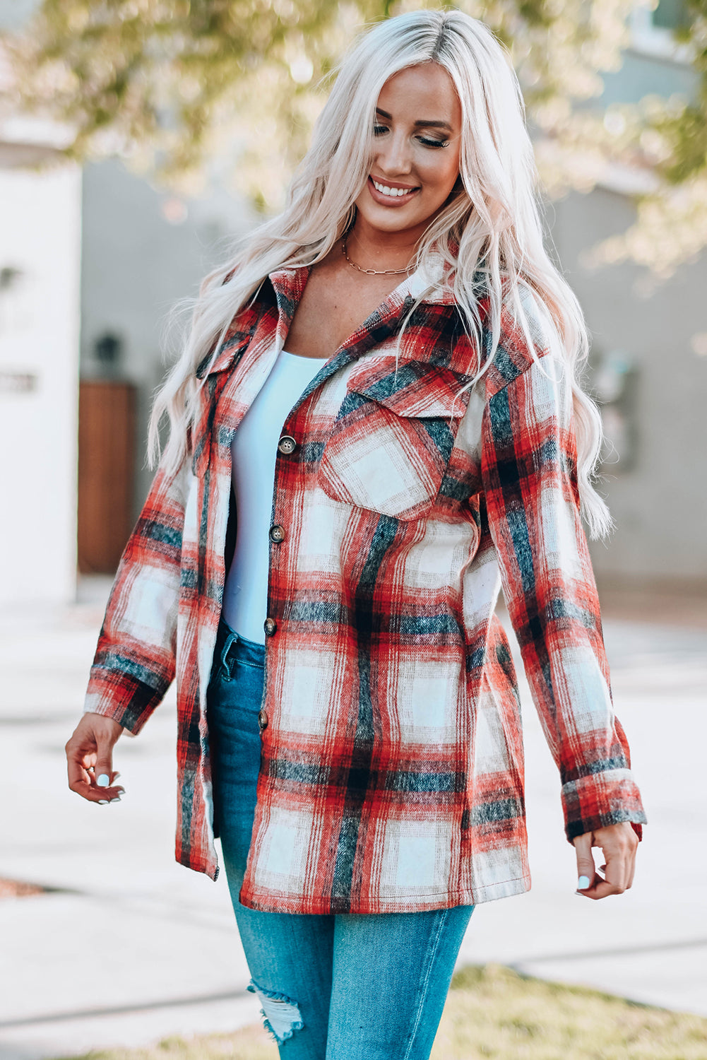 Fiery Red Turn down Neck Plaid Pocket Button Closure Coat