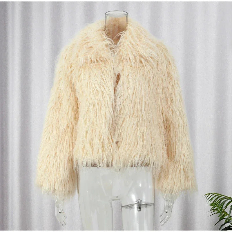 Women Elegant Solid Plush Faux Fur Short Coats Fashion Lapel Full Sleeves Thick Jacket Autumn 2024 Winter Female Casual Outwear