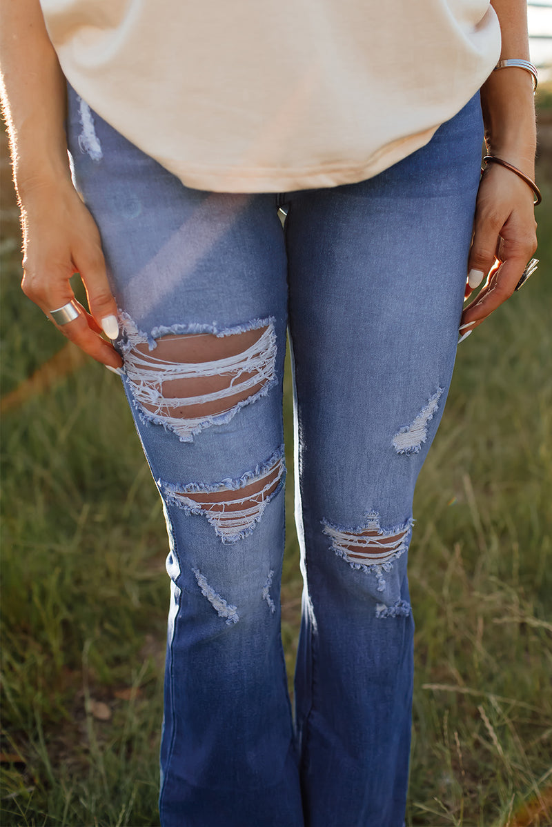 High Waist Distressed Flare Jeans