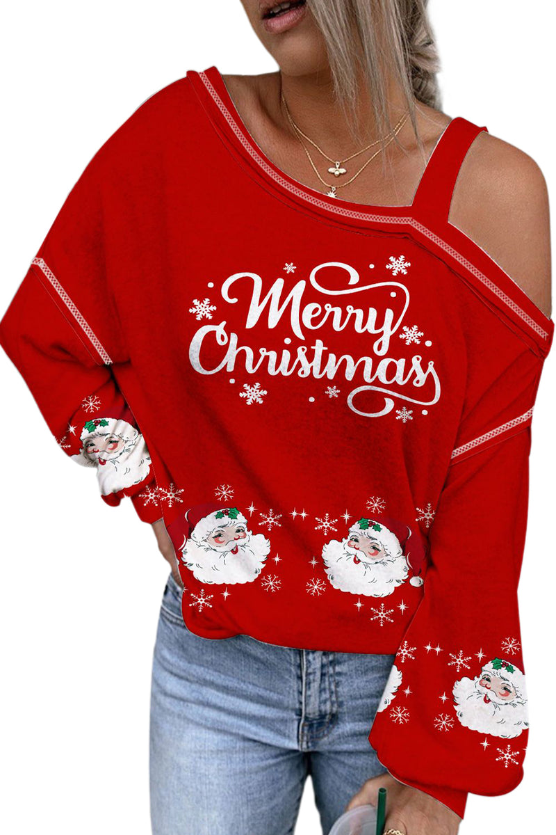 Fiery Red Christmas Santa Claus Print Asymmetric Cold Shoulder Blouse