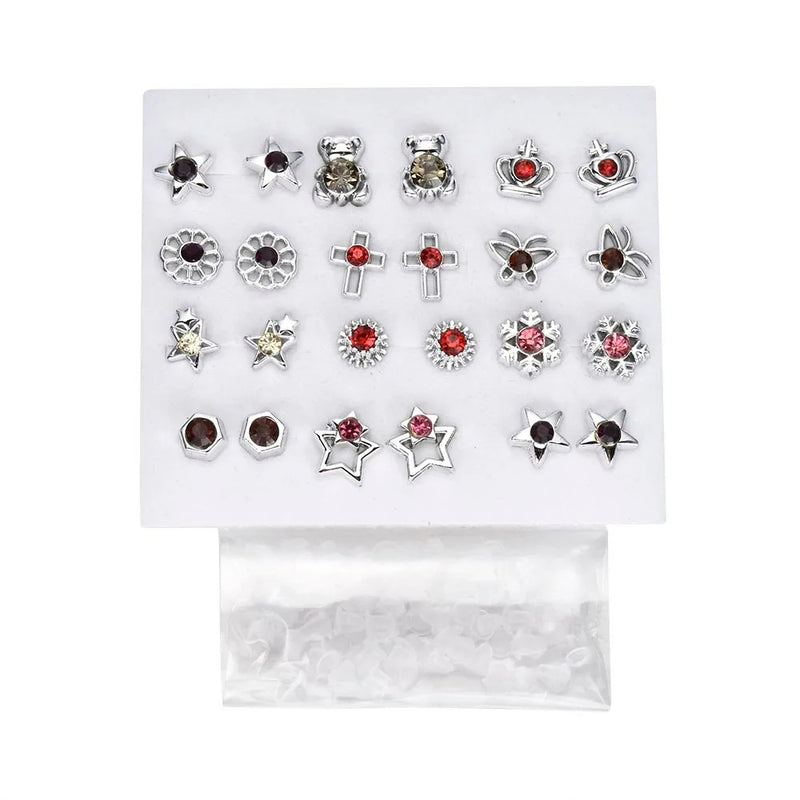 2020 NEW 12~36 Pairs Fashion Women Girls Resin Plastic Crystal Diamante Flower Stud Earrings Set Random Style Gold Color Jewelry