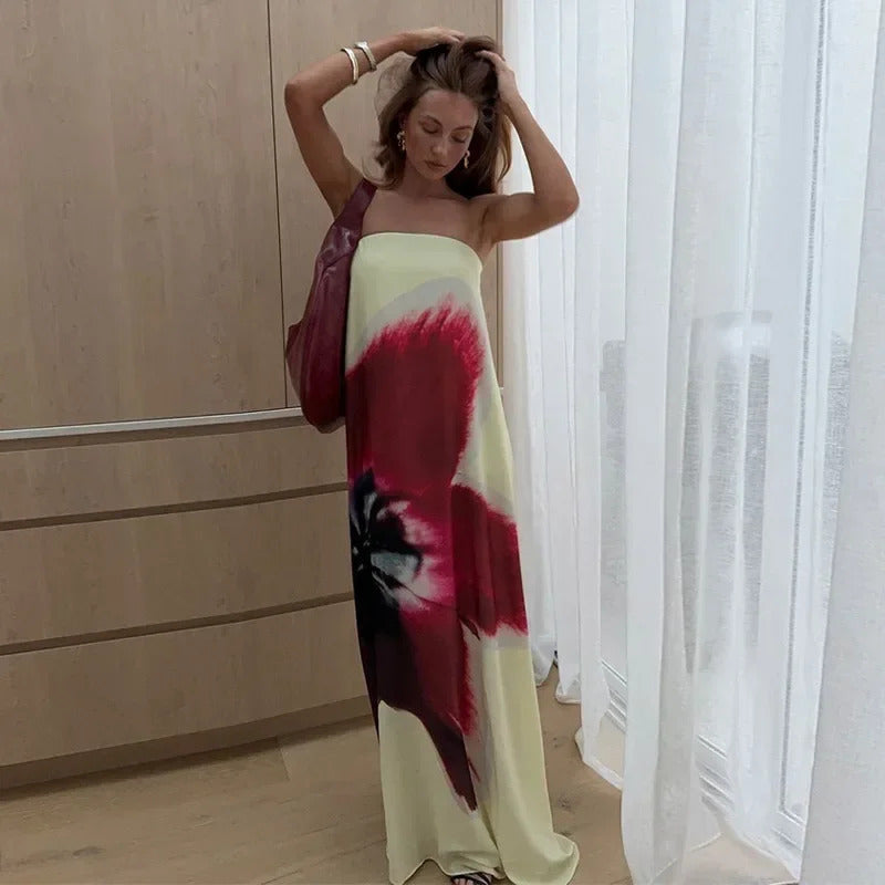 2025 Women Summer New Floral Printed Strapless Loose Dresses Casual Off Shoulder Sleeveless Maxi Dress Lady Vacation Beach Robes