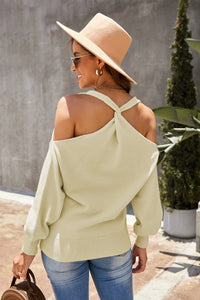 Apricot V Neck Twisted Back Cold Shoulder Sweater