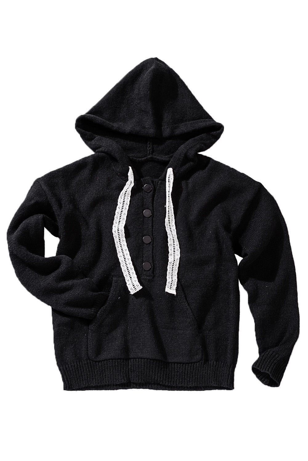 Black Kangaroo Pocket Button Lace Drawstring Hooded Pullover Sweater