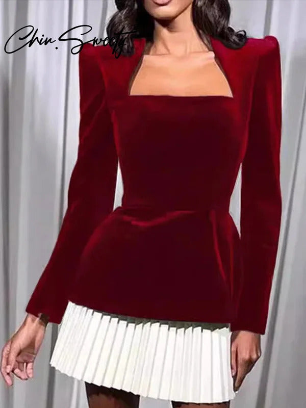 Urban Velvet Spliced Mini Dress Women Pleated Square Neck Long Sleeve Female Dreses 2024 Autumn Winter Lady Evening Party Wear