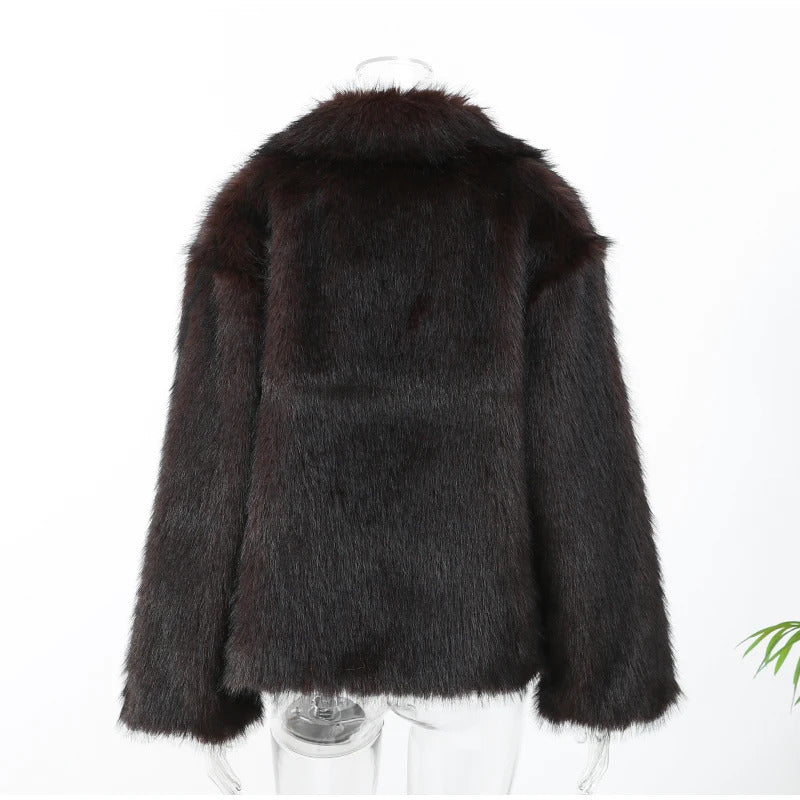 Women Fashion Dark Brown Faux Fur Lapel Jacket Loose Long Sleeve Buttons Cropped Street Coat 2024 New Winter Female Outerwear