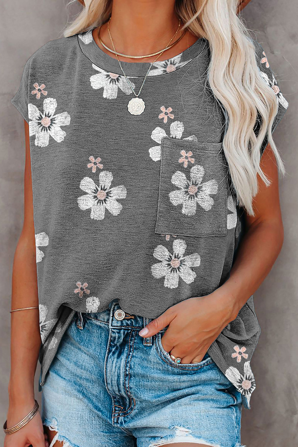 Gray Floral Cap Sleeve T-Shirt with Pocket