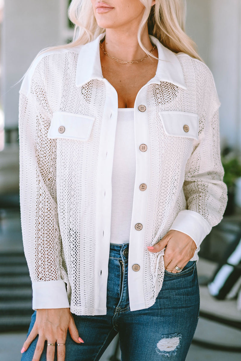 Beige Lace See-through Button Collared Shacket