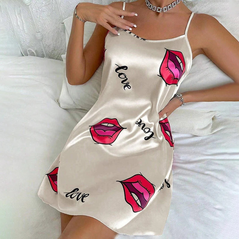 Ladies Sexy Sling Nightgown Nightdress Women's Sexy Lingerie Silk Satin Sleepwear Floral Pinting Nightwear Homewear Mini Dress