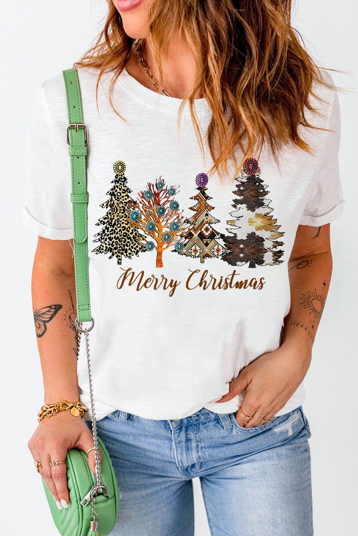 White Merry Christmas Turquoise Tree Graphic Tee