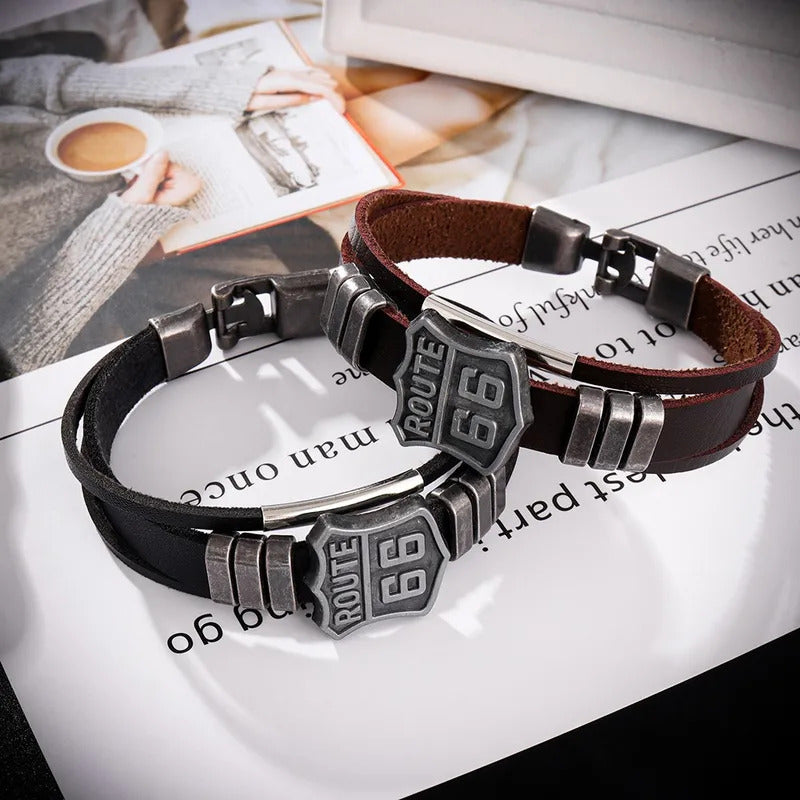 New Trendy American Route 66 Printed Pattern Bracelet Men's Bracelet Metal Multilayer Leather Bracelet Accessories Party Jewelry