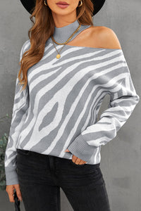 Gray Zebra Print Mock Neck Cold Shoulder Sweater