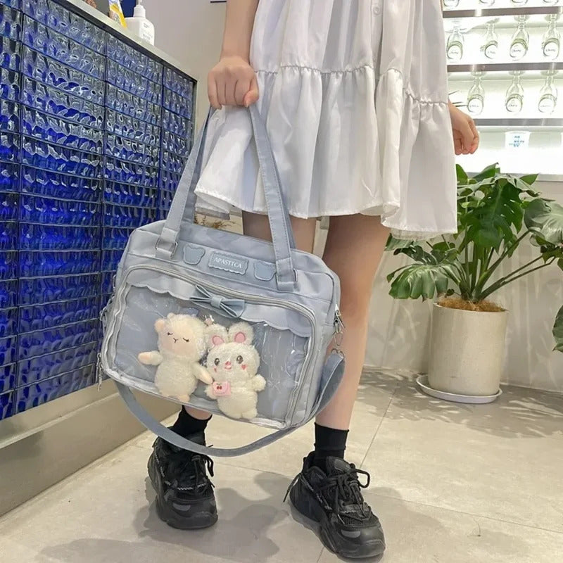 Japanese Cute Transparent Canvas Itabag Fashion Girls One Shoulder Bag Student Personality Crossbody Bag with Badge Doll Ita Bag