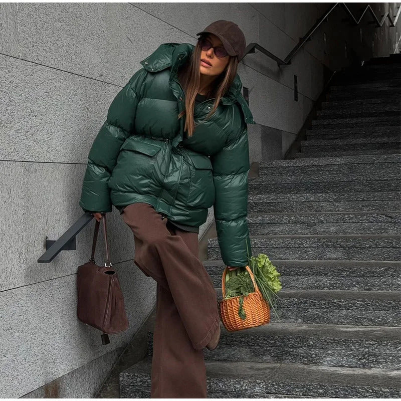 2024 Women Fashion Solid Drawstring Quilted Cotton Coat Winter Thicken Warm Pockets Zipper Hooded Jackets Chic Ladies Streetwear