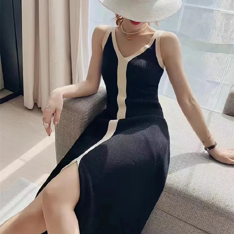 Fashion Women V-neck Maxi Dress Sexy Sling Sleeveless Dresses Knitted Long Dress Women Sweater Female