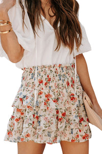 Beige Smocked High Waist Ruffle Tiered Floral Skirt