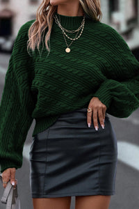 Blackish Green Mock Neck Lantern Sleeve Cable Knit Sweater