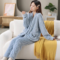 Thickened Warm Coral Velvet Pajamas Women's Autumn and Winter Padded Cartoon Bear Striped Flannel School Pajamas Winter Homewear