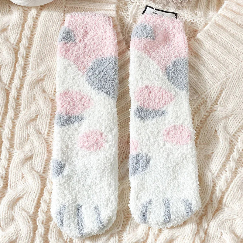 Autumn Winter Coral Velvet Socks Cute Cat Claw Socks For Women Children Girls Middle Tube Thickened Sleep Socks Home Floor Socks