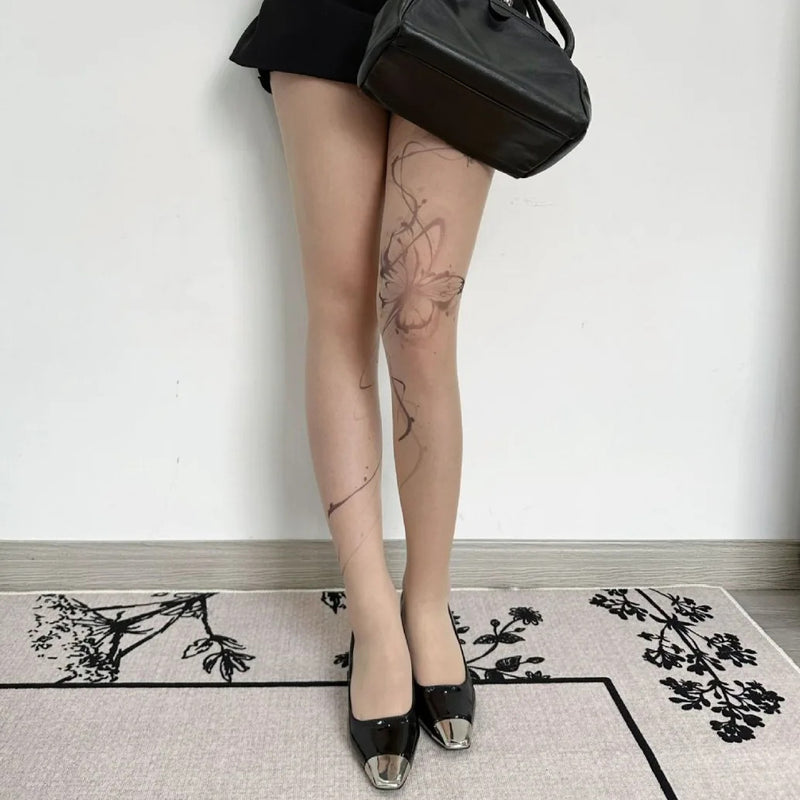 Sexy Women English Printed Stockings Dark Punk Butterfly Skin Tone Tattoo Jumpsuit Pantyhose Cosplay Lace Party Fishnets Tights