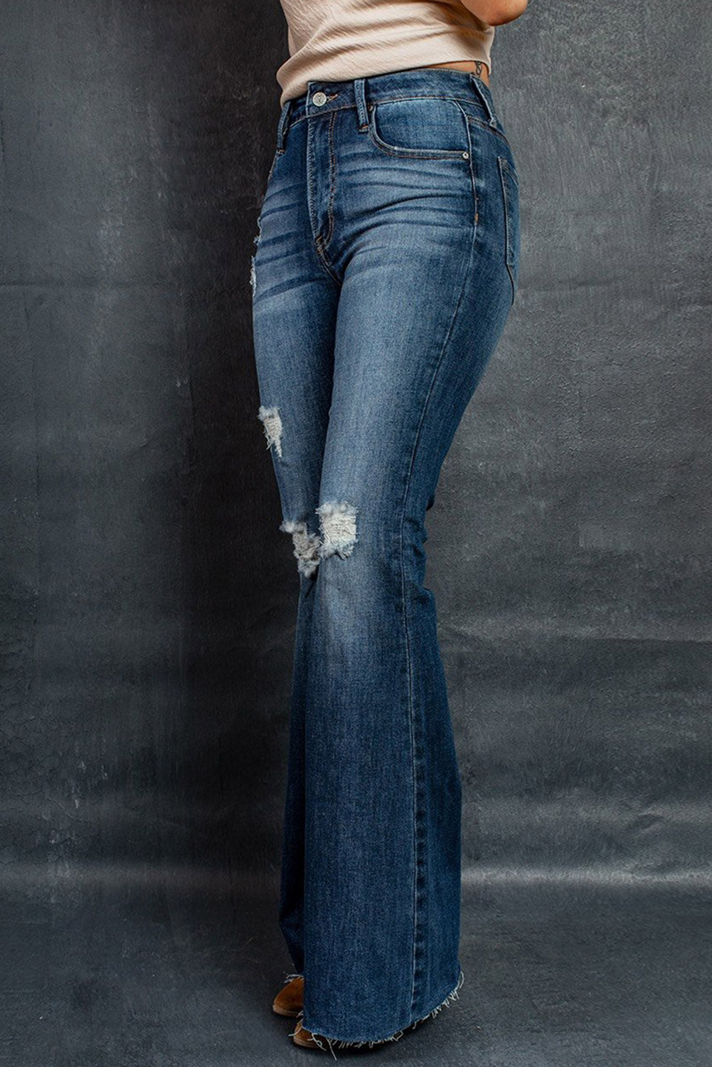 Sky Blue Dark Wash Mid Rise Flare Jeans