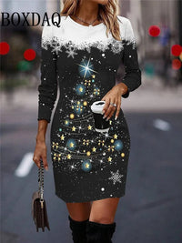 New 2025 Women Christmas Party Dress Cute Funny X-mas Snowman Snowflake 3D Printed Dress Winter Long Sleeve O-Neck Casual Dress