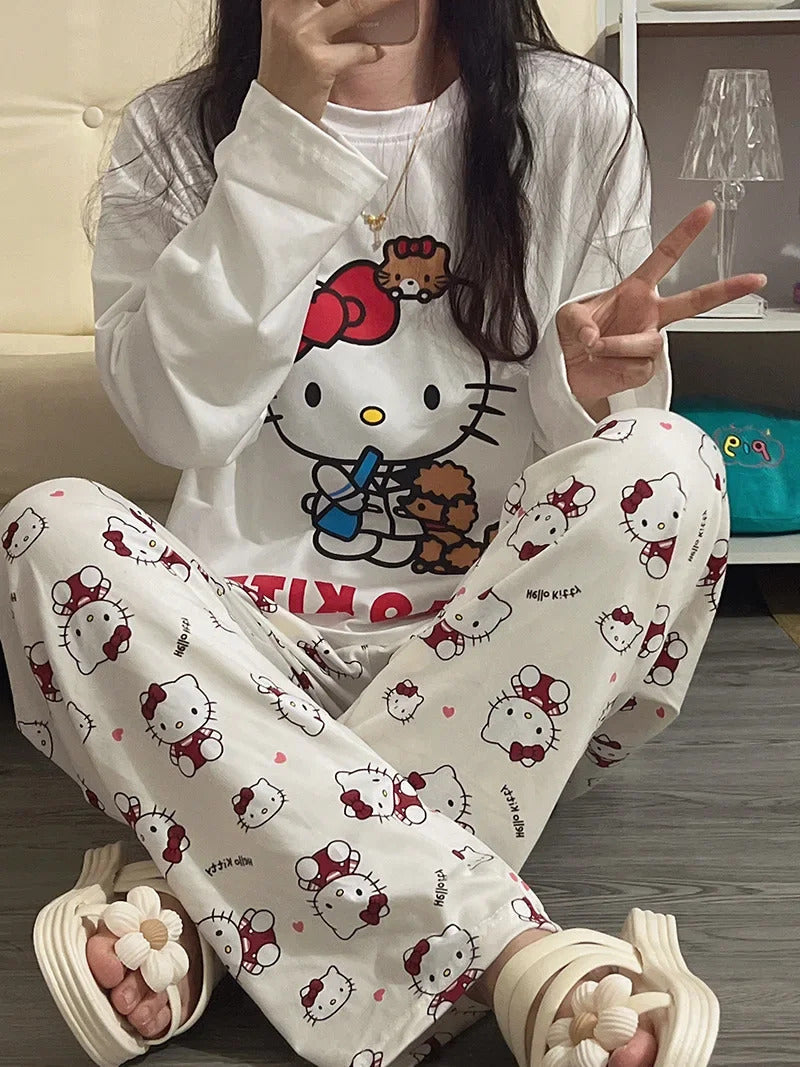 Women's Loose Round Neck Cute Kitty Homewear Pajamas Women's Simple Leisure Long Sleeve Long Pants Two-piece Suit Pajamas  Women