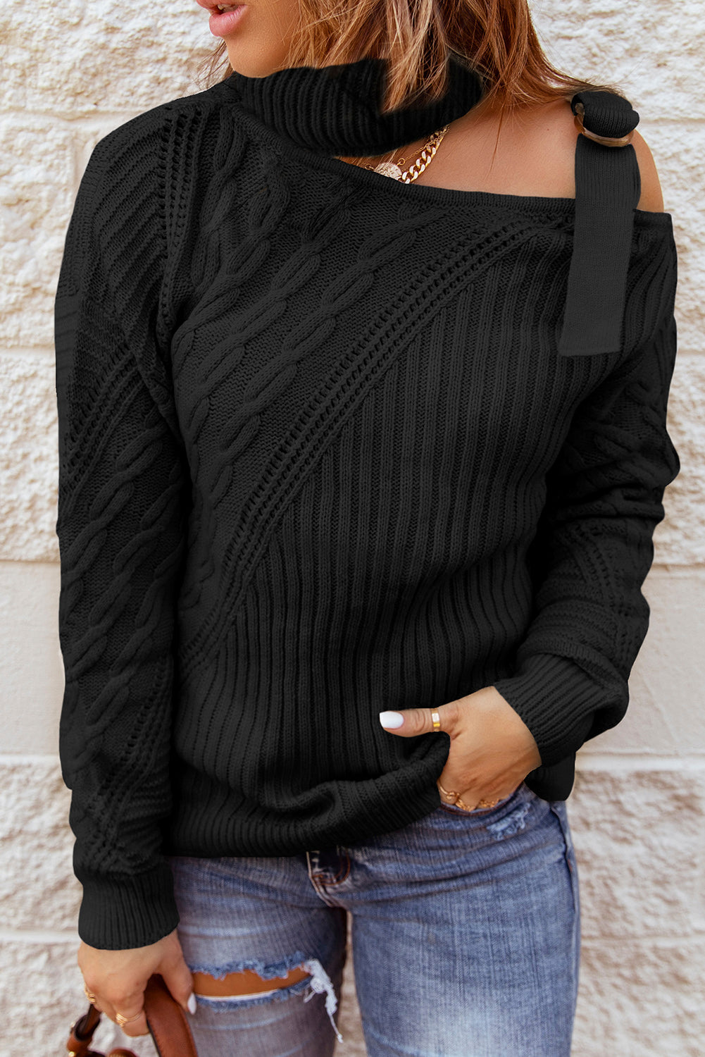 Green Strapped Cut out Shoulder Turtleneck Sweater