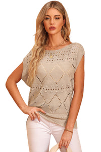 Khaki Pointelle Knit Short Dolman Sleeve Sweater Top