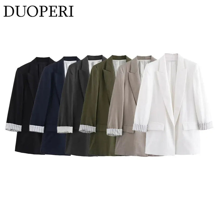 DUOPERI Women Fashion Solid Blazer Notched Collar Long Roll up Sleeves Female Chic Office Lady Business Outfits