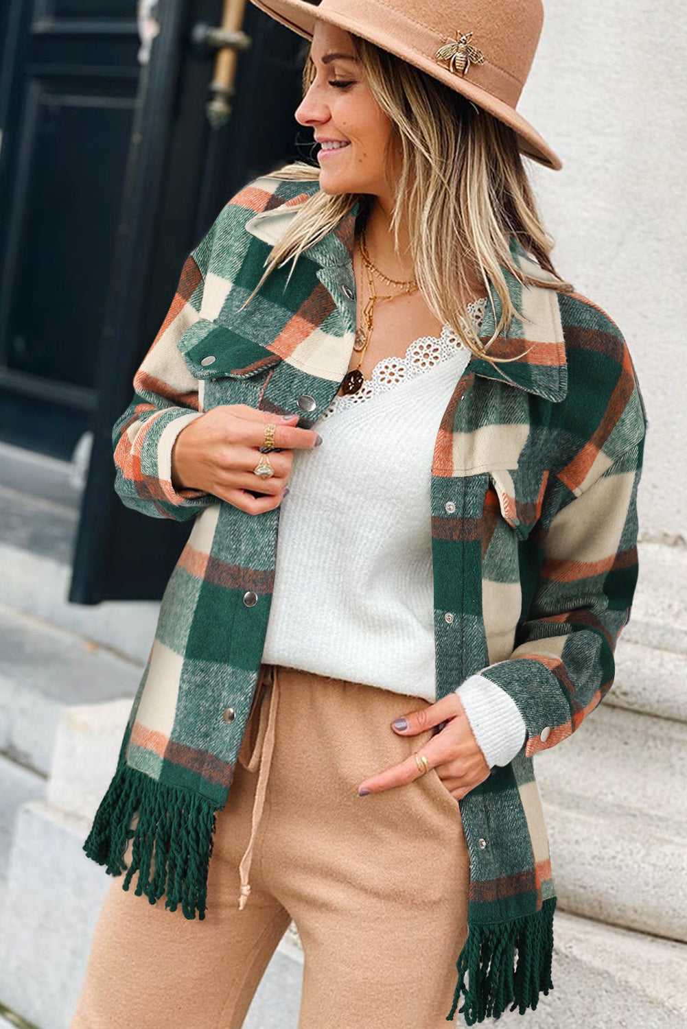 Sea Green Plaid Snap Button Pocket Fringed Hem Jacket