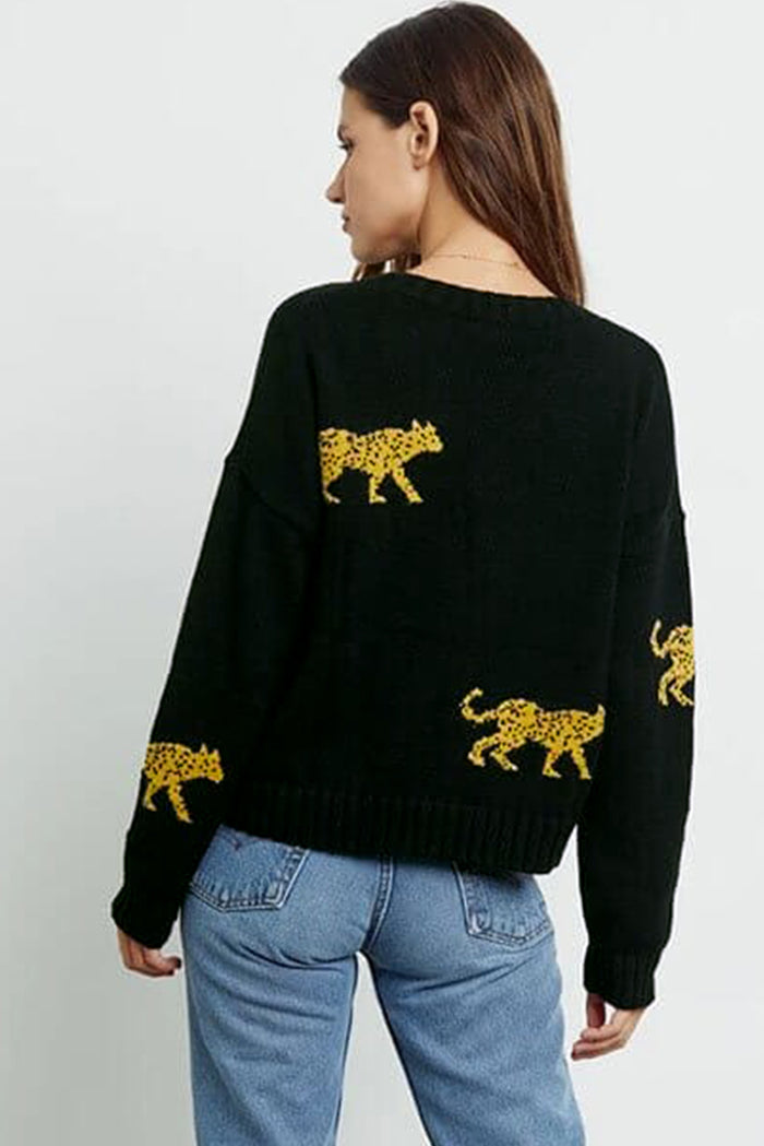 Black Cheetah Pattern Knit Round Neck Sweater