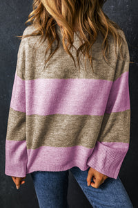 Rose Stripe Crew Neck Wide Sleeve Colorblock Sweater