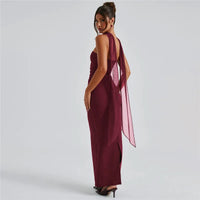 Mozision Strapless Backless Sexy Maxi Dress For Women Burgundy Mesh Sleeve Off-shoulder Bodycon Club Party Evening Long Dress