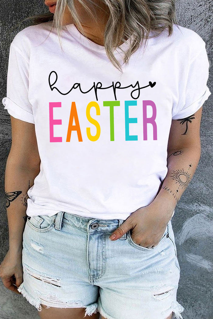 White happy EASTER Graphic Crewneck Plus Size T Shirt