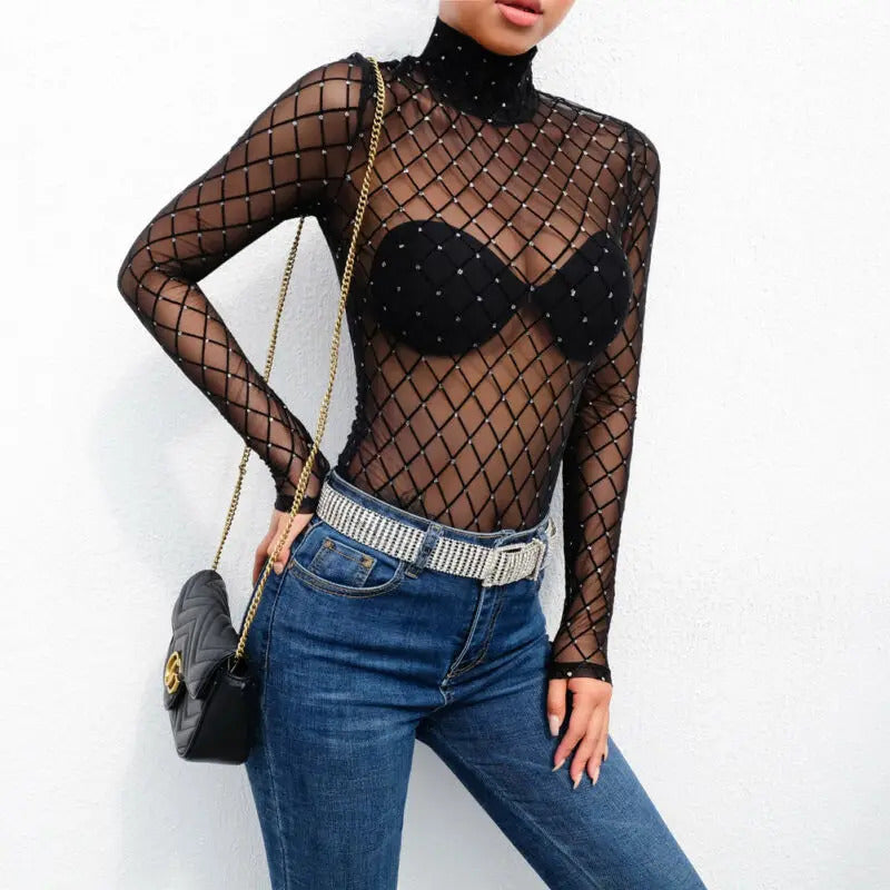 Women Mesh Net Fishnet Bodysuit Slim Long Sleeve Leotard Jumpsuit Tops Beachwear Beading Prespective Mesh Fishnet Cover Up