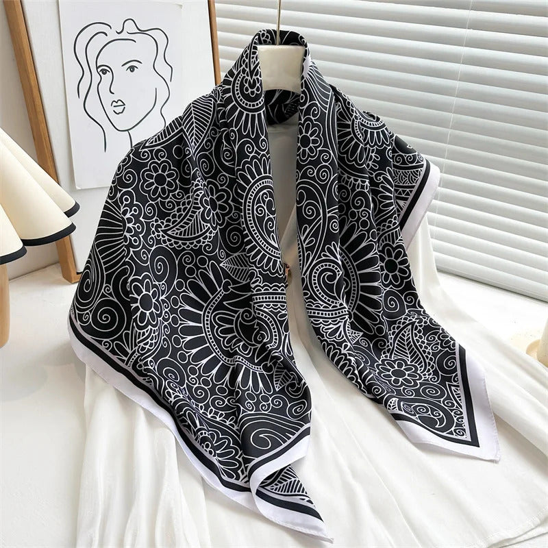 90*90Cm Square Scarf Twill Silk Feeling Women Head Shawls and Wraps Luxury Hair Tree Print Neck Scarves Hijab Bandana Pashmina