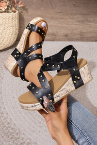 White Rivet Hollow Out Leather Wedge Sandals