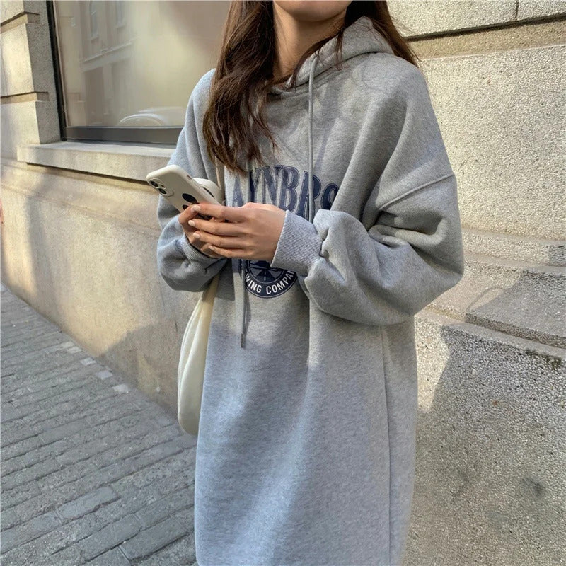 Long Hood Sweater Dress Women Autumn and Winter Fleece-lined Thickened Pullover Small Loose Mid-Length over-the-Knee Dress