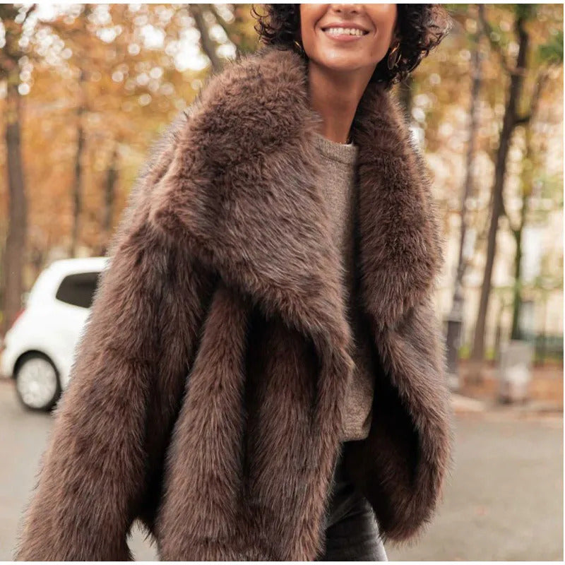 Dark Brown Faux Fur Long Overcoat For Women Fashion Lapel Single Breasted Loose Fluffy Plush Warm Coat Winter Thicken Outerwear