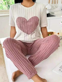 Women's new style pajamas set heart pattern short sleeve shirt trousers two-piece simple and lovely casual home wear