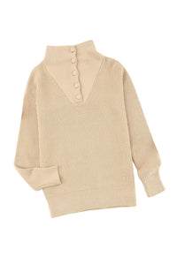 Khaki Buttoned Turn Down Collar Comfy Ribbed Sweater