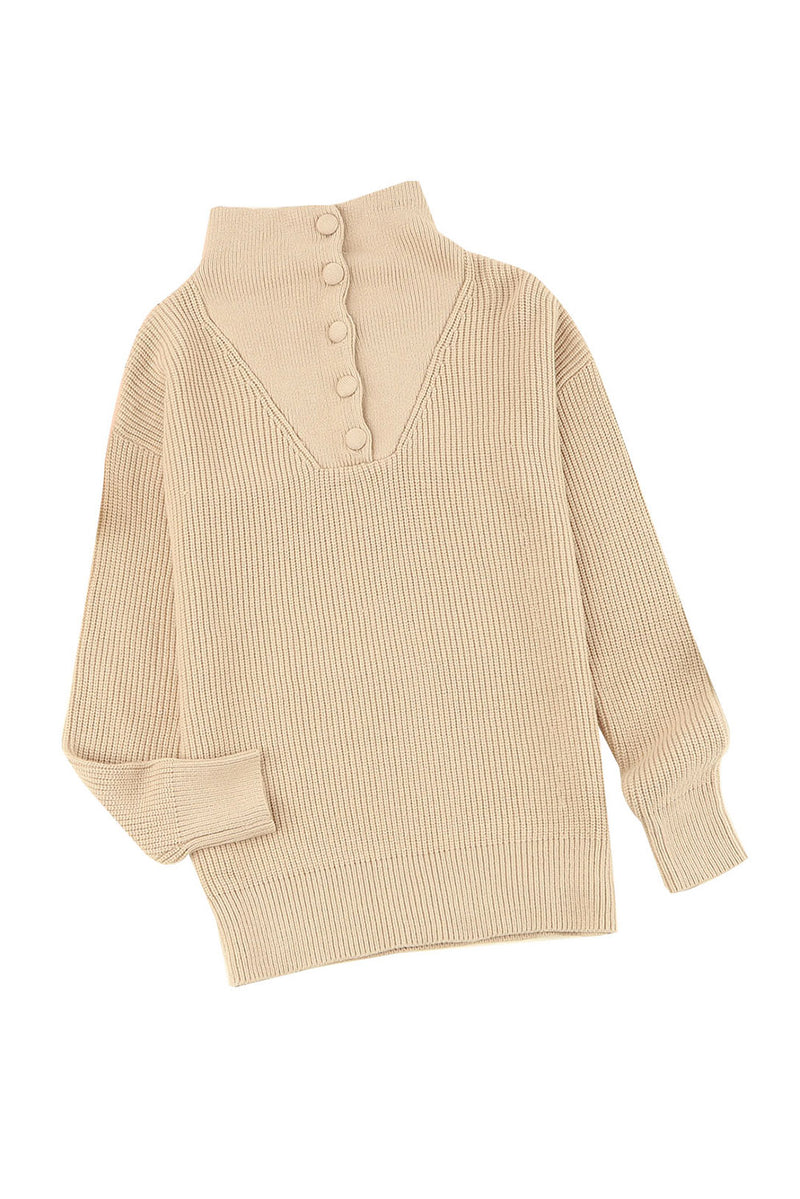 Khaki Buttoned Turn Down Collar Comfy Ribbed Sweater