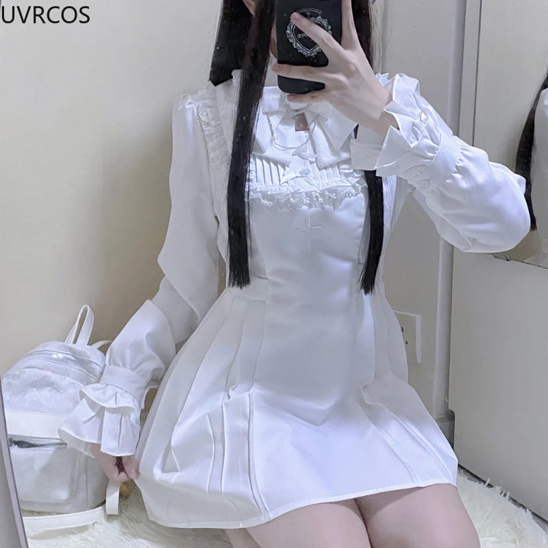 Japanese Punk Style Y2k Lolita OP Dress Women Vintage Elegant Ruffle Bow Lace Evening Party Dresses Female High Waist Slim Dress