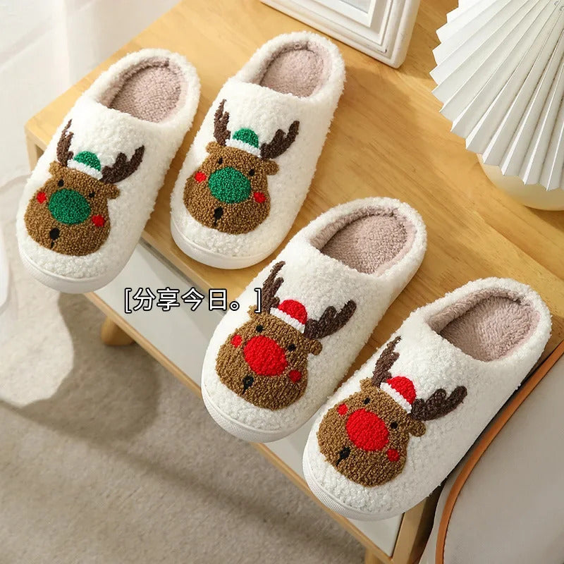 Christmas Elk Cotton Slippers for Women Men Winter Cute Cartoon Home Non Slip Couple Floor Slides Indoor Plush Shoes 20