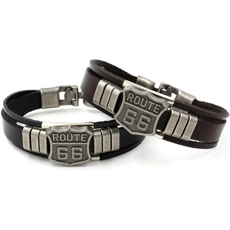 New Trendy American Route 66 Printed Pattern Bracelet Men's Bracelet Metal Multilayer Leather Bracelet Accessories Party Jewelry