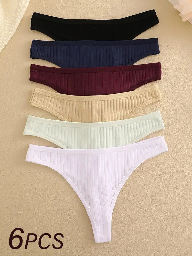 6Pcs/Set Women Cotton Thongs Panties Female Ribbed Low Rise G-String Ladies Sexy Bikini 7 Solid Color Girl Soft S-XL Intimates