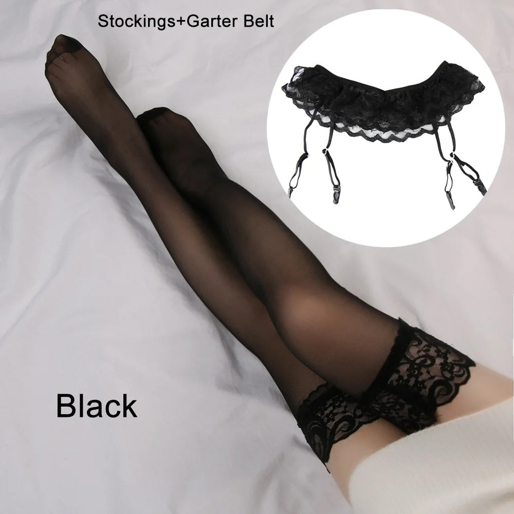 Womens Sexy Hot Lace Top Thigh-Highs Stockings Socks+Suspender Garter Belt