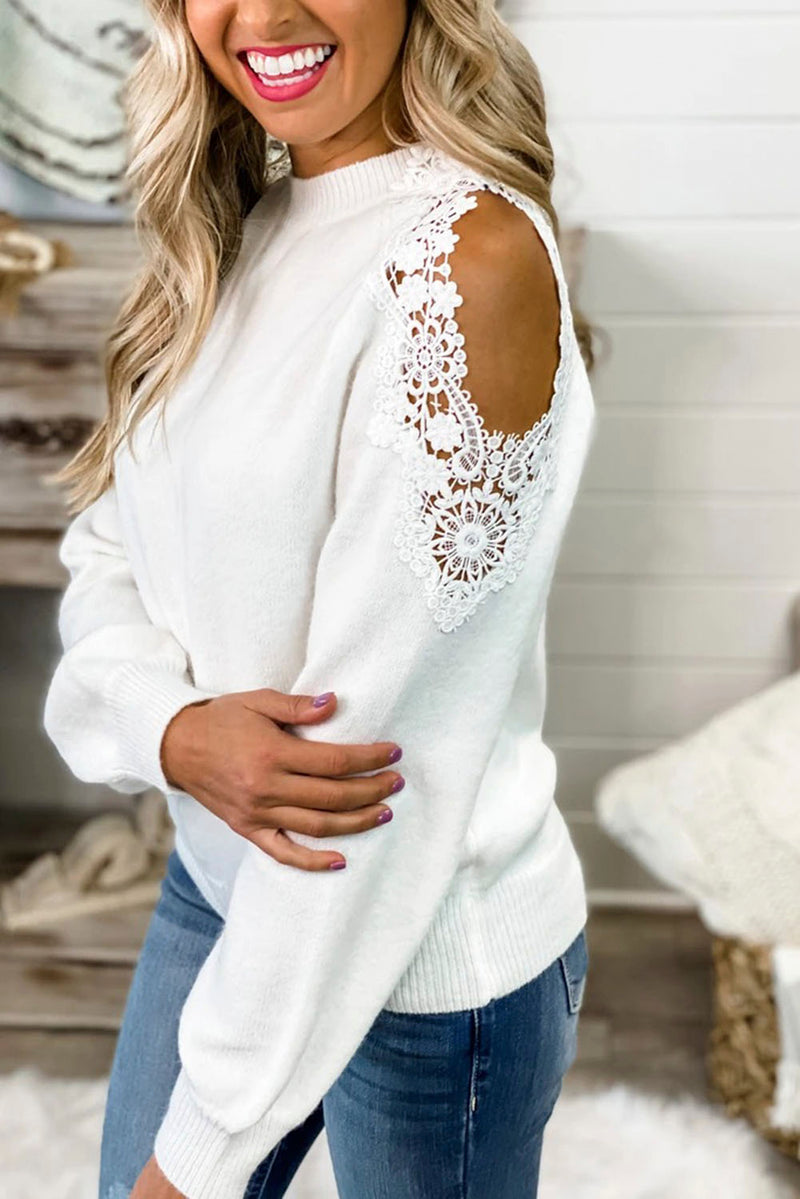 Black Round Neck Lace Splicing Cold Shoulder Sweater