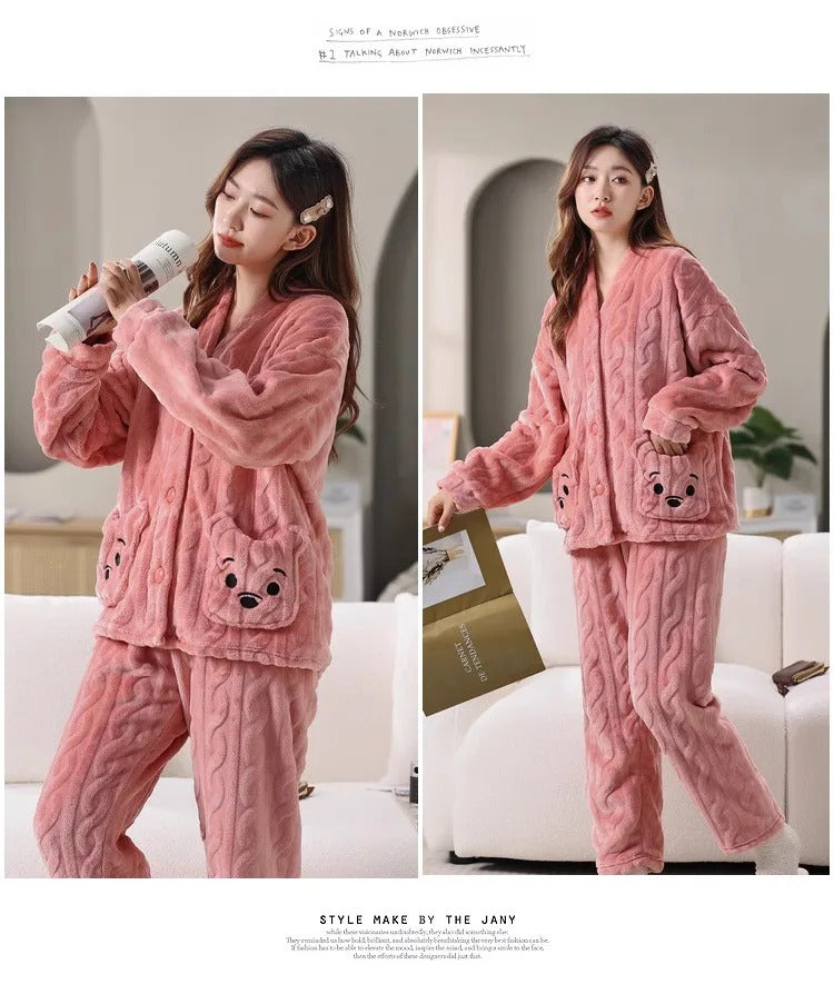 Thickened Warm Coral Velvet Pajamas Women's Autumn and Winter Padded Cartoon Bear Striped Flannel School Pajamas Winter Homewear